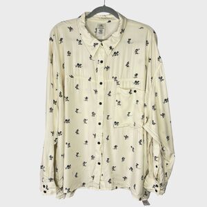 Disney Womens Plus 3X Cream Ivory Retro Mickey Mouse Print Blouse 3/4 Sleeves